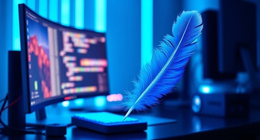 niebieskie pióro przed komputerem