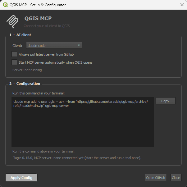 okno Setup & Configurator wtyczki QGIS MCP z wyborem klienta AI i poleceniem konfiguracji