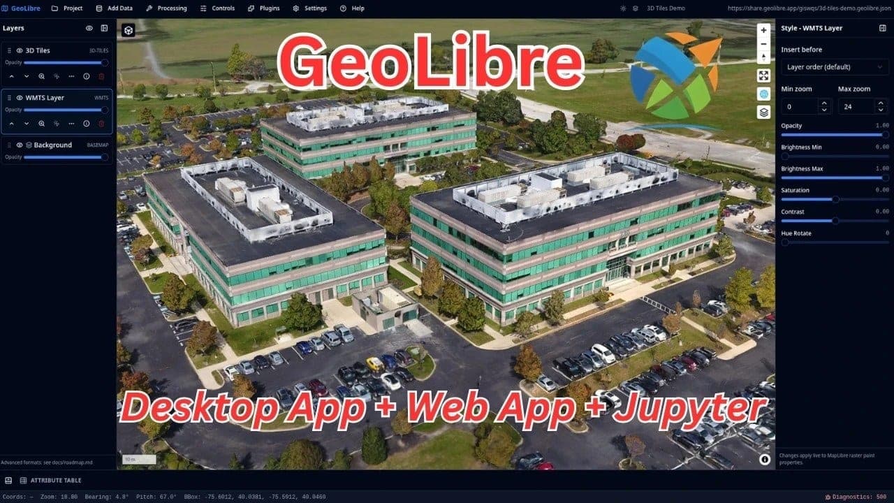 demonstracja 3D Tiles w GeoLibre - budynki biurowe w modelu fotogrametrycznym na mapie - źródło: README projektu opengeos/GeoLibre