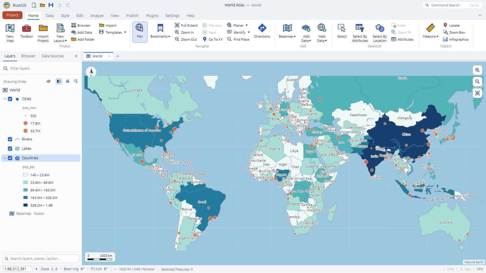 strona startowa RustGIS w przeglądarce: wstążka z kartą Home, panel warstw i mapa World Atlas - zrzut z web.rustgis.app