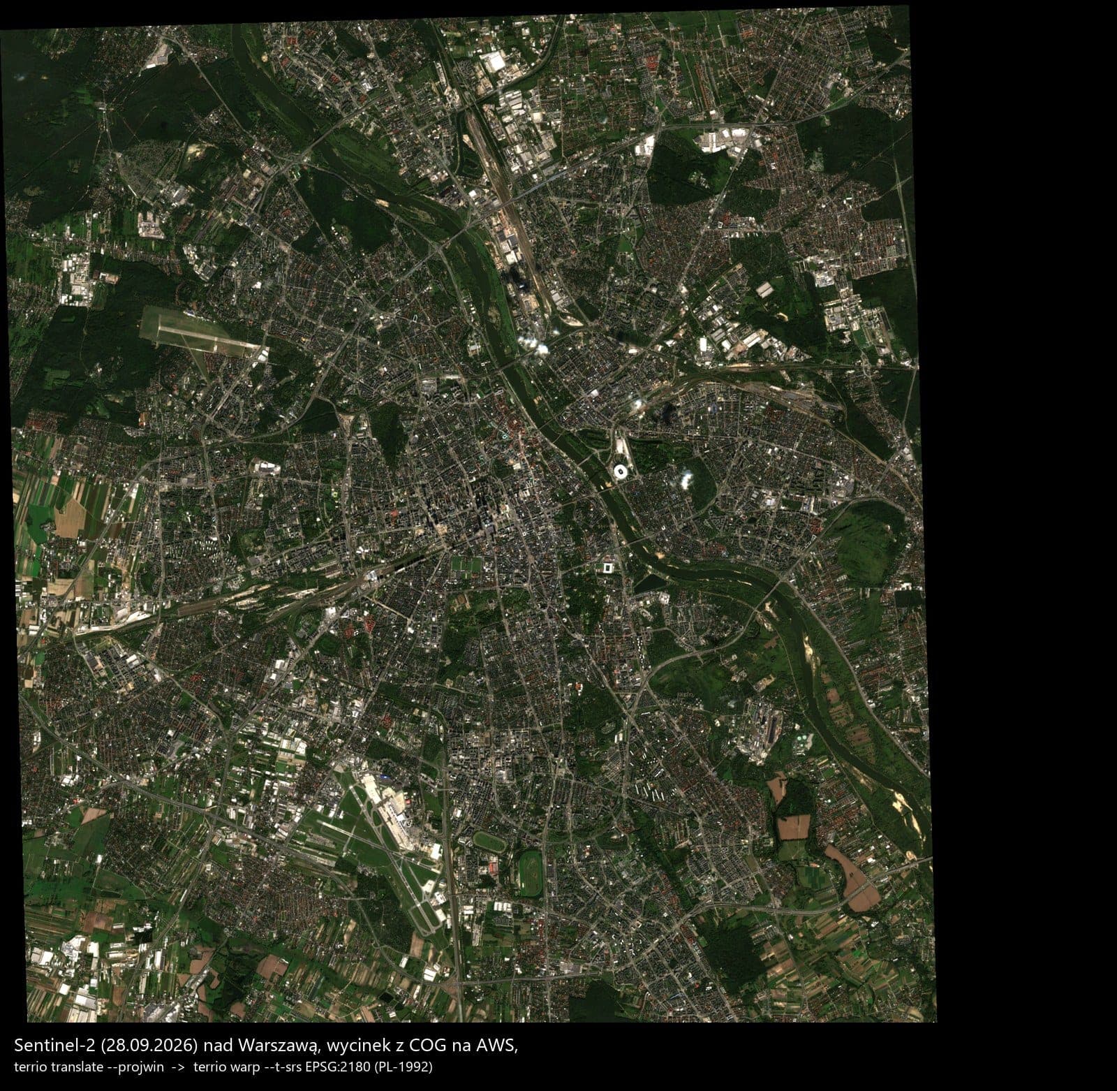scena Sentinel-2 nad Warszawą po reprojekcji do układu PL-1992 narzędziem terrio warp - nasz wynik